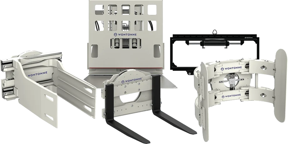 Rangkaian attachment forklift Wontonne: bale clamp, push-pull, rotating fork, side shifter, dan roll clamp